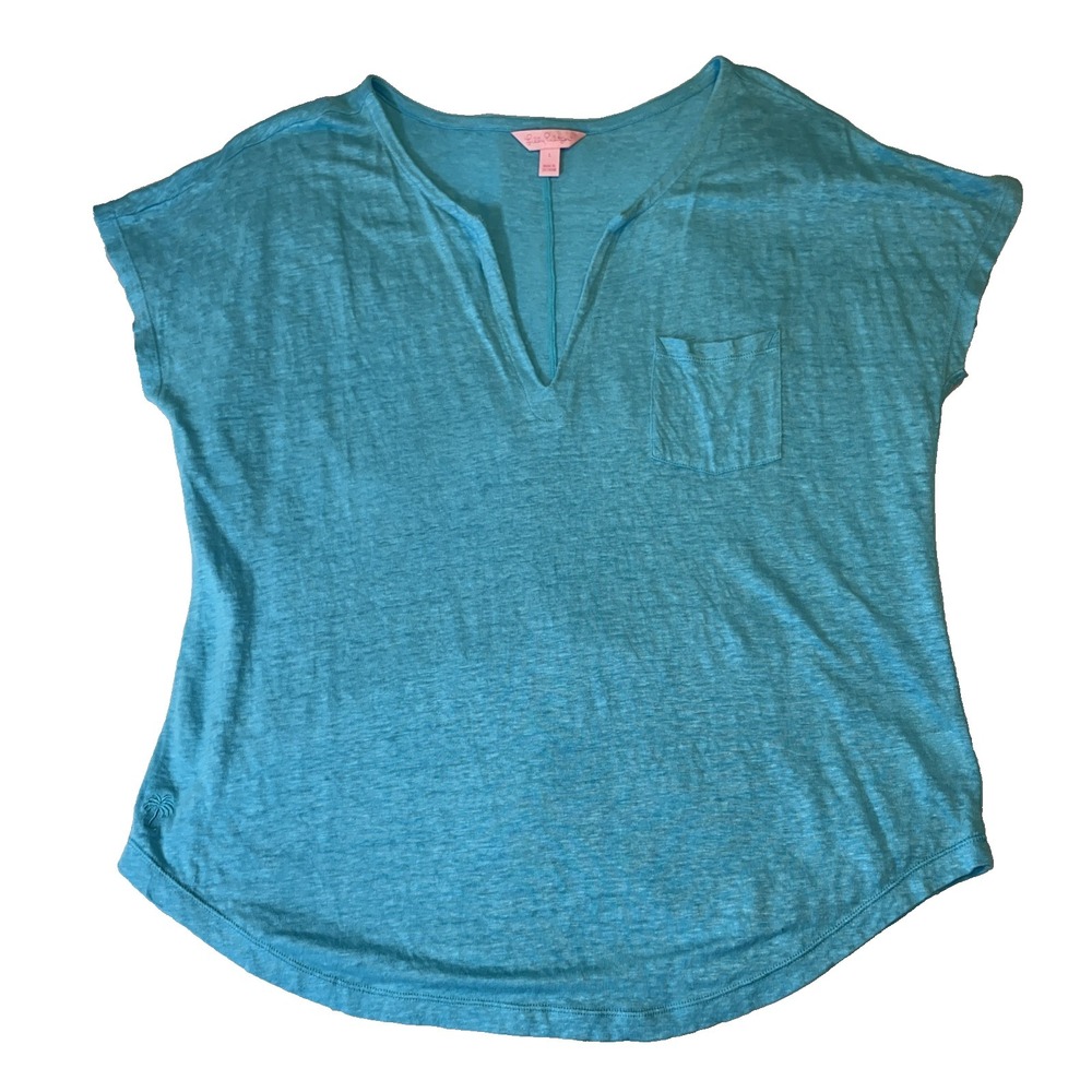 Lilly Pulitzer Large Blue 100% Linen V-Neck Pocket Tee Shirt Short Sleeve Top